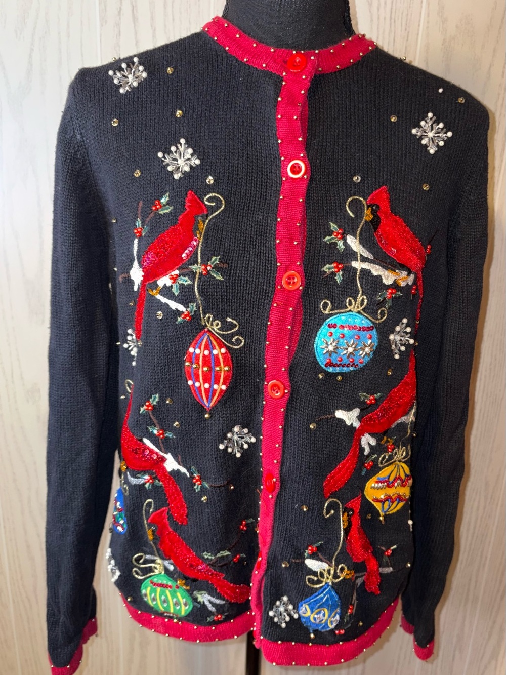 Vintage Christmas Holiday Cardigan Sweater Women Large Beaded Cardinal Birds